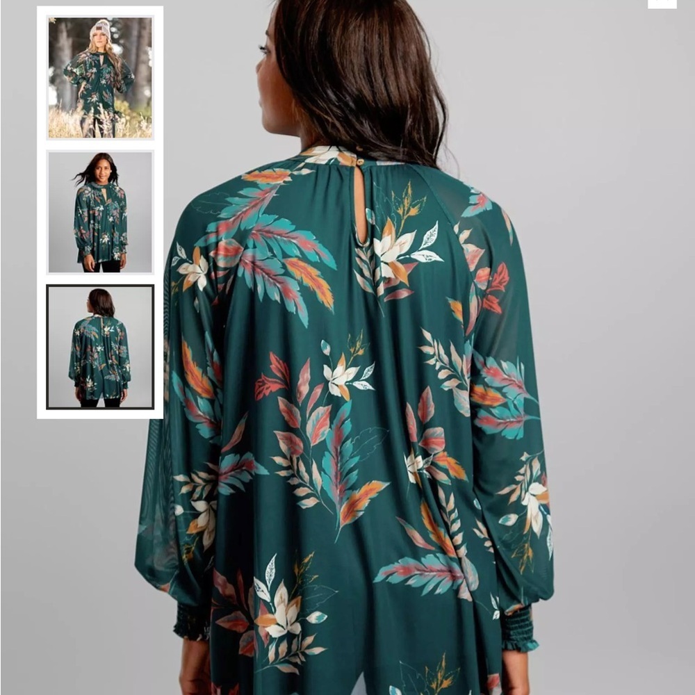 Gimmicks by BKE Leaf Print Mesh Henley Top Asymmetrical‎ Hem Keyhole Cut Outs M - Picture 8 of 8